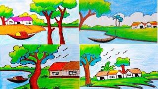 Easy landscape drawing for kids and beginners|Learn house and nature simple painting|Nature scenery