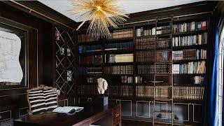 Charming Home Office Library  - Custom Dark Wood Furniture, Ladder, & Cabinets with Gold Accents