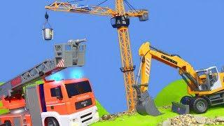 Bagger, Kran, Feuerwehrauto & Spielzeugautos | RC Baumeister Baustelle für Kinder deutsch