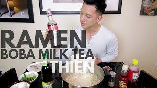 [mukbang/cookbang with THIEN]: MAMA Creamy Tom Yum Instant Ramen Noodles and Oolong Milk Tea