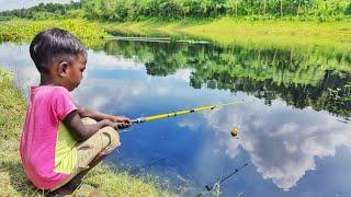 Beautiful Fishing Video2023| ~ Smart Little Boy Catching Fish By Fish Hook In Village River Side