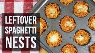 Leftover Spaghetti Nests | Muffin Tin Pasta Lunch Recipe by Forkly