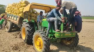 John Deere 5210 Gearpro 4wd Tractor potato  loaded Trolley Stuck In Mud||