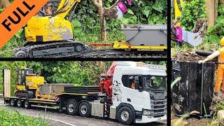 Rail Bridge replacement, RC excavator Case CX85RR, Scania Truck, train in cab view. Full edit