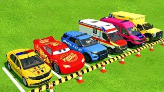 DACIA, MCQUEEN CAR, FORD POLICE CARS, AMBULANCE EMERGENCY TRANSPORTING WITH TRUCKS ! FS22