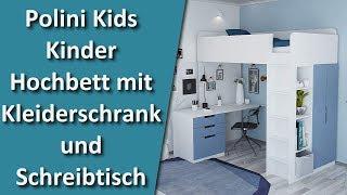 Polini Kids Kinder Hochbett mit Kleiderschrank und Schreibtisch Alles in Einem Möbel Set für Kinder