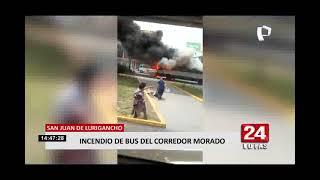 SJL: bus del Corredor Morado con 25 pasajeros a bordo se incendia en plena vía pública