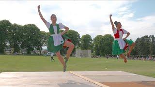 Competitors in the Irish Jig Highland Dancing during 2023 Oldmeldrum Highland Games in Scotland