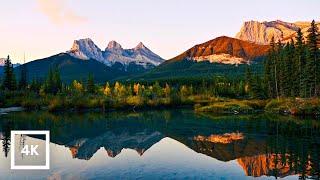 4K Three Sisters Mountains in Evening Glow | Canadian Rockies Lake Ambience | Relaxing Birdsong