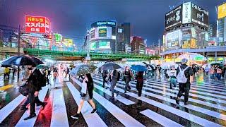 Tokyo Japan: 4 Hours of Heavy Rain, Night Walk • 4K HDR