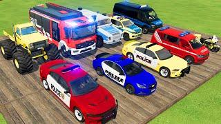 TRANSPORTING POLICE CARS, MONSTER TRUCK, AMBULANCE, CARS, FIRE TRUCK OF COLORS! WITH TRUCKS! - FS 22