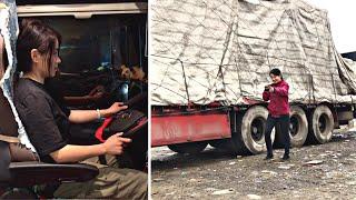 Lizi, a lady truck driver, transports heavy loads.