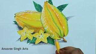 Drawing realistic starfruit with colour pencils. Starfruit drawing easy.