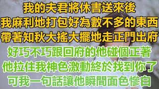 （完結文）我的夫君將休書送來後，我麻利地打包好為數不多的東西，帶著知秋大搖大擺地走正門出府，好巧不巧跟回府的他碰個正著，他拉住我神色激動終於找到你了，可我一句話讓他瞬間面色慘白！#古言#重生#復仇爽文