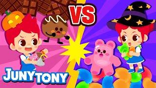 Chocolate vs. Gummy | Sweet Candy | Trick or Treat | Halloween Songs for Kids | JunyTony