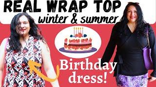 Great fitting KNIT WRAP top + my DREAMED BIRTHDAY dress!! Coimbra wrap top (Itch to Stitch).