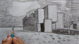 How to draw a modern house :1 point perspective. Drawing by Ahmed Ali