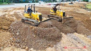 Best job! Use Perfectly Komatsu bulldozer pushing soil stones techniques leveling land & dump trucks