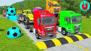 Double Flatbed Trailer Truck vs Speedbumps Train vs Cars | Tractor vs Train Beamng.Drive 032