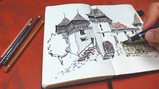 Drawing with Duke Bent Nib Fountain pen & colored pencils in my Sketchbook - Viscri fortified church