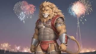 [AI FURRY ART] anthro, furry, lion, loincloth, Fireworks, male