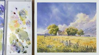 Watercolor scenery painting – House in the Grassland