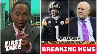 FIRST TAKE | Stephen A. reacts to Terry Bradshaw calls Steelers' Aaron Rodgers pursuit "a joke"