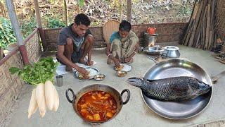 Fish Curry With Radish Cooking and Eating By Rural Mother and Son । Village Fish Recipe