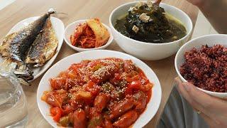 쏘야 고등어구이 미역국 대충 만들어서 먹는 남자.. Sausage, vegetables, stir-fried mackerel, and seaweed soup mukbang