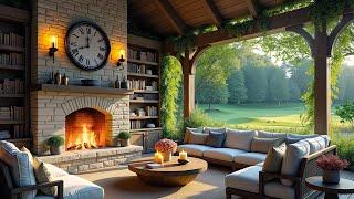 Cozy Cabin Ambience  Relaxing Fireplace & Gentle Birdsong Piano Music