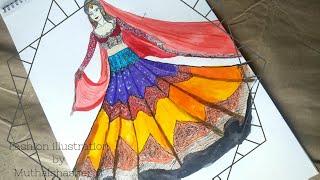 Fashion illustration Indian wear Painting step by step/ muthalsha sheriff/