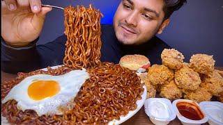 SPICY* BLACKBEAN NOODLES WITH CRISPY FRIED CHICKEN AND BURGER | EATING SHOW | FOOD EATING VIDEOS