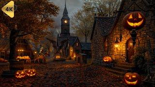 Cozy Autumn Village Halloween Ambience with Relaxing Crackling Fire and Crunchy Leaves, White Noise