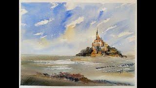 Paint A Simple Loose Watercolour Landscape, Mont St Michel, Hake Brush Watercolor demo tutorial