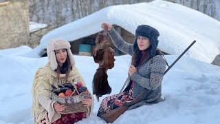 Cooking on a snowy day in the village! Cooking heart and liver with vegetables.