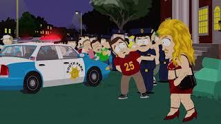 South Park, Sgt Yates empties frat boys load into the evidence bag.