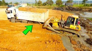 Incredible Landfill! Dump Truck 25ton Back Uploading overturned recovery by Bulldozer Komatsu D65PX