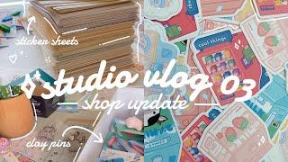 studio vlog 003  etsy shop update, packing stickers & clay pins, unboxing lots of things