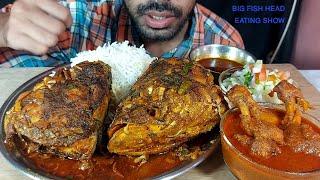 very spicy and juicy sea fish masala curry with big fish head butter chicken eating show mukbang