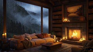 Cozy Cabin Ambience in Deserted Forest ️ Jazz Music ️ Rain Sounds & Crackling Fire for Sleeping