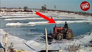 Man On Tractor Falls Through Ice In China