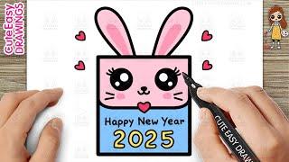 How to Draw a Cute Bunny Happy New Year 2025 Card - Easy Drawing and Coloring for Kids and Toddlers