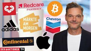 Märkte am Morgen: Bitcoin, Chevron, PDD, 3M, Apple, Continental, Redcare Pharmacy, Adidas, Munich Re