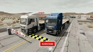 Double Flatbed Trailer Truck vs Speedbumps Train vs Cars Beamng.Drive