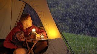 SOLO CAMPING in heavy RAIN with my DOG [ relaxing in the tent, cosy night,  ASMR ]