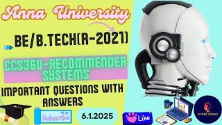 CCS360 - RECOMMENDER SYSTEMS(Elective) Important Questions with answers in Tamil | AU R-2021 | Sem5