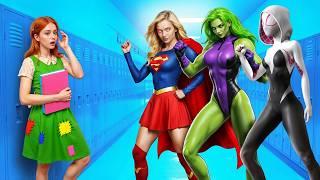 Poor Girl at Superhero School! Fake vs Real Superheroes! Hulk vs Iron Man vs Joker vs Superman!