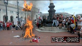 Pro-Palestine protesters burn American flag, effigy of Netanyahu while hanging Palestinian flag