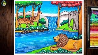 Forest Scenery Drawing Easy | Wildlife Drawing | How To Draw A Forest Scenery | World Wildlife Day