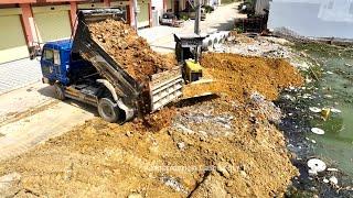 incredible Project , Bulldozer Komat'su D20P Pushing Dirt clear Mud and Dumper 5 Ton Truck Unloading